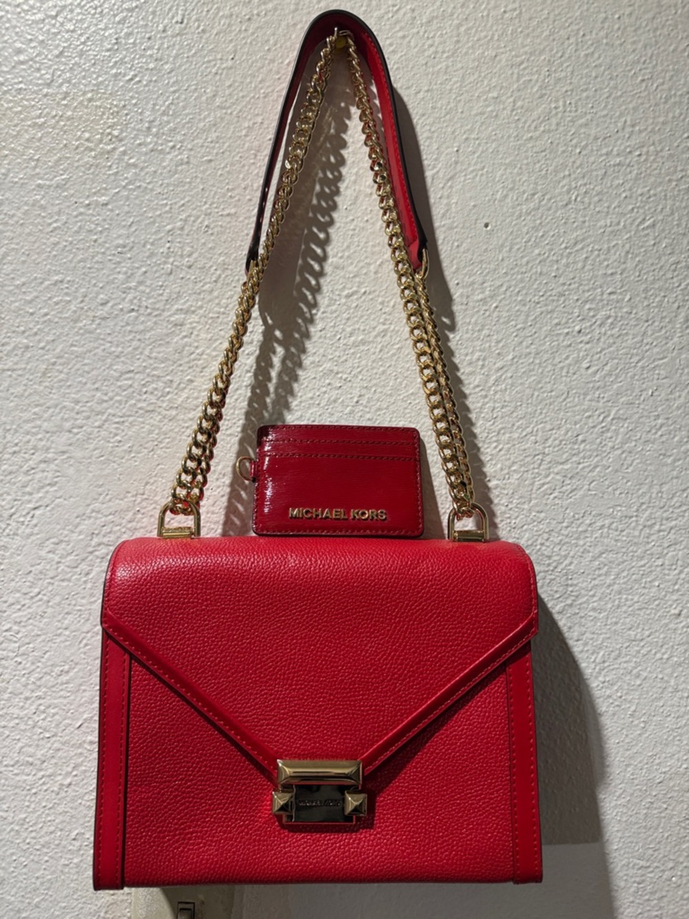 Michael Kors Red Pebbled Leather Shoulder Bag with Gold Chain Strap